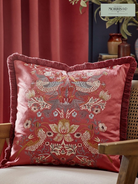 Morris & Co Berry Strawberry Theif Embroidered Fringed Cushion (E98100) | £52