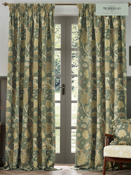 Morris & Co Sage Sunflower Cray Floral Chenille Pencil Pleat Curtains (E98103) | £86 - £220