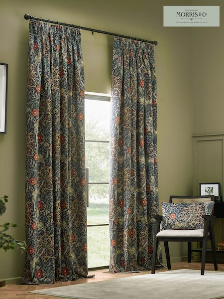 Morris & Co Indigo Seaweed Matt Velvet Pencil Pleat Pencil Pleat Curtains (E98108) | £86 - £220