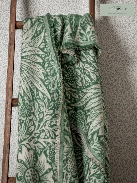 Morris & Co Leaf Green Marigold Woven Faux Fur Throw (E98174) | £50