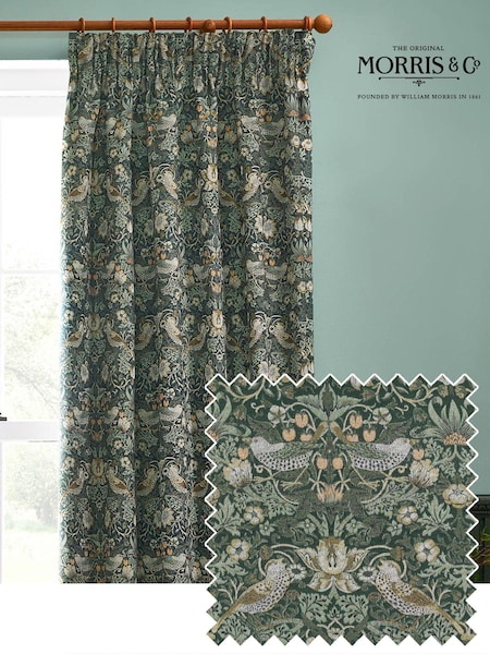 Morris & Co Forest Green Strawberry Thief Jacquard Pencil Pleat Curtain (E98258) | £88 - £220
