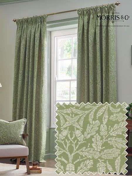 Morris & Co Sage Acorn Tonal Jacquard Pencil Pleat Curtain (E98260) | £80 - £210