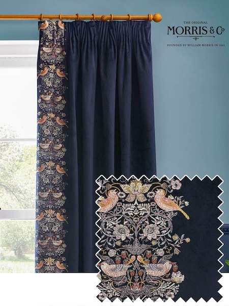 Morris & Co Indigo Strawberry Thief Embroidered Pencil Pleat Curtain (E98262) | £145 - £310