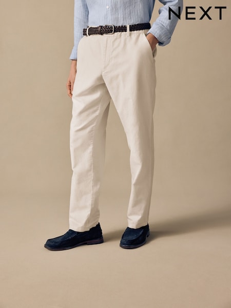 Ecru Regular Fit Smart Linen Cotton Blend Belted Trousers (E98544) | £40