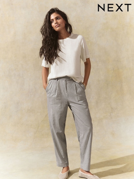 Black/White Gingham Stay Smart Barrel Leg Linen Rich Trousers (E98584) | £35