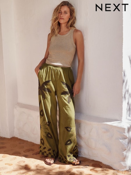 Green Wide Leg Trousers with Linen (E98588) | £49