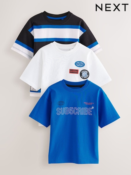 Cobalt Blue/White Stripe Sub5cribe Relaxed Fit Graphic Print Short Sleeve 100% Cotton T-Shirts 3 Pack (3-16yrs) (E98593) | £24 - £30