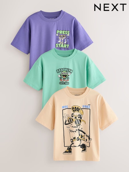 Green/Blue Cartoon Relaxed Fit Graphic Print Short Sleeve 100% Cotton T-Shirts 3 Pack (3-16yrs) (E98596) | £20 - £26