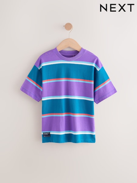 Purple/Teal Blue Stripe Relaxed Fit Short Sleeve 100% Cotton T-Shirt (3-16yrs) (E98711) | £8 - £11