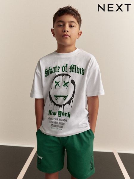 White/Green Skate of Mind Relaxed Fit Short Sleeve T-Shirt and Shorts Set (3-16yrs) (E98804) | £14 - £22