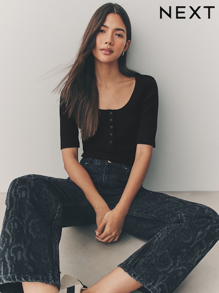Black Wide Rib Short Sleeve Button Henley Top (E98818) | £20