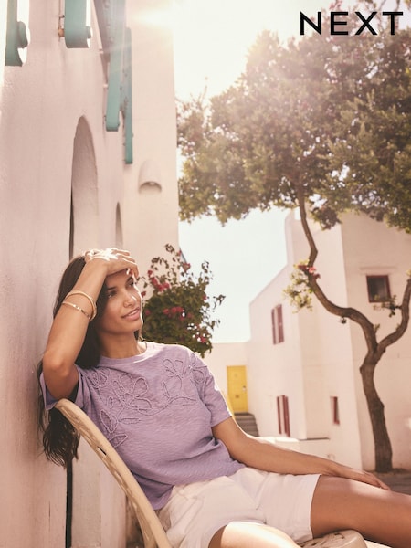 Purple 100% Cotton Tonal Corded Detail Short Sleeve Crew Neck T-Shirt (E98825) | £24