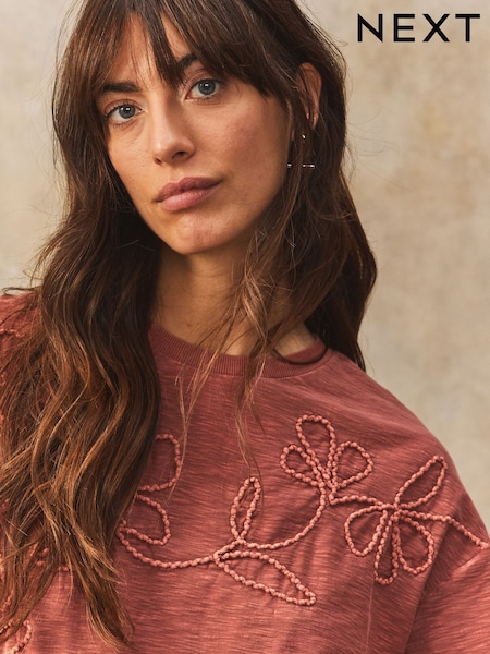 Rust Red 100% Cotton Tonal Corded Detail Short Sleeve Crew Neck T-Shirt (E98828) | £24