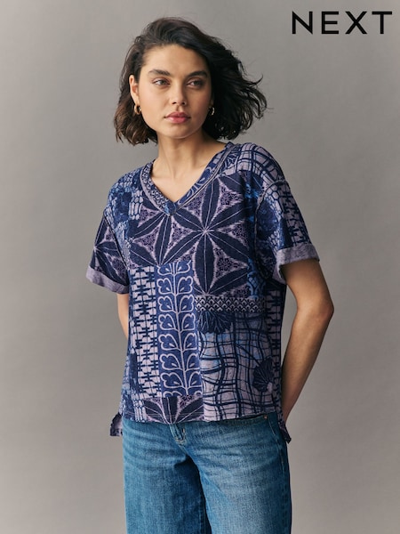 Blue/Purple Oversized V-Neck Short Sleeve T-Shirt (E98832) | £18