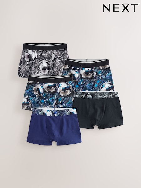 Blue/Black Football Print Trunks 5 Pack (2-16yrs) (E98845) | £14 - £19