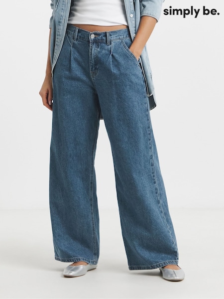 Simply Be Blue Pleat Detail Wide Leg 100% Cotton Jeans (E99089) | £34