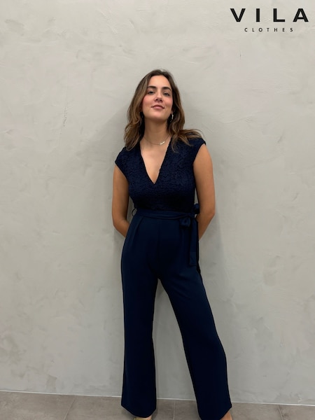 VILA Blue Belted Lace Wide Leg Jumpsuit (E99241) | £45