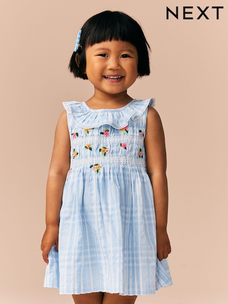 Blue Embroidered Shirred Collar Summer Dress (3mths-8yrs) (E99255) | £22 - £28