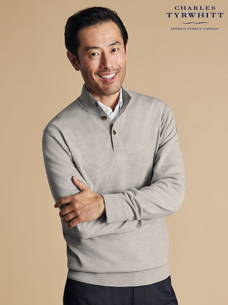 Charles Tyrwhitt Grey Merino Button Neck Jumper (E99300) | £80