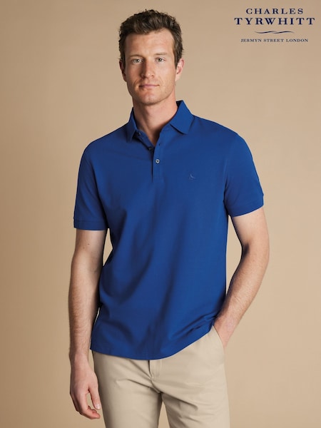 Charles Tyrwhitt Blue Short Sleeve Cotton Stretch Pique Polo Shirt (E99346) | £55