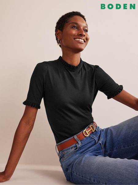 Boden Black Supersoft Frill Detail T-Shirt (E99450) | £28