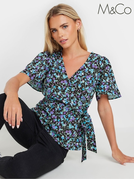 M&Co Black Petite Ditsy Wrap Tie Front Blouse (E99515) | £31