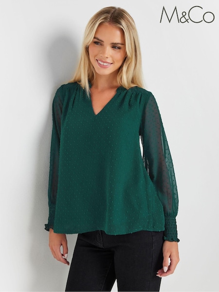 M&Co Green Petite Long Sleeve Spot Detail Blouse (E99526) | £31