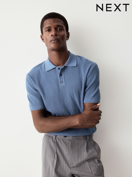 Mid Blue Regular Fit 100% Cotton Short Sleeve Knit Textured Rib Polo Shirt (E99833) | £30