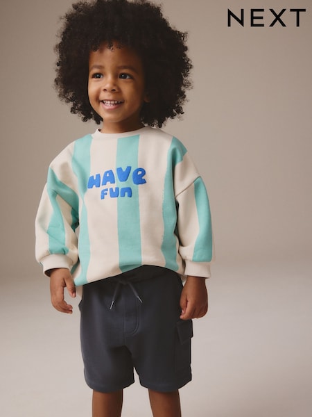 Blue/Ecru Stripe Jersey Sweatshirt and Shorts Set (3mths-7yrs) (E99876) | £16 - £20