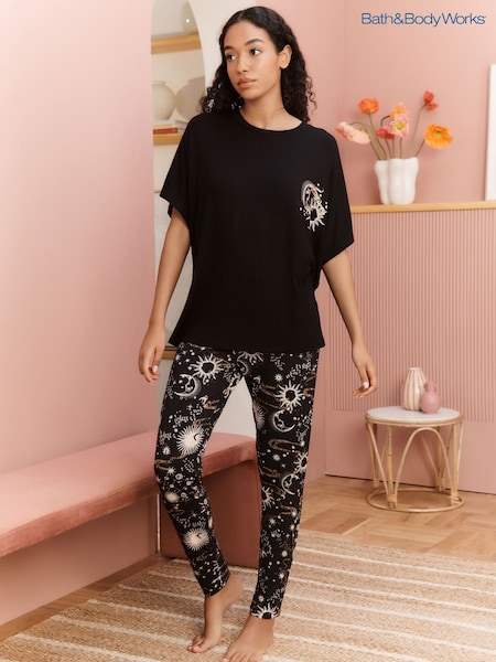 Bath & Body Works Black Celestial Legging 100% Cottton Set and T-Shirt Pyjama Set (F00325) | £36