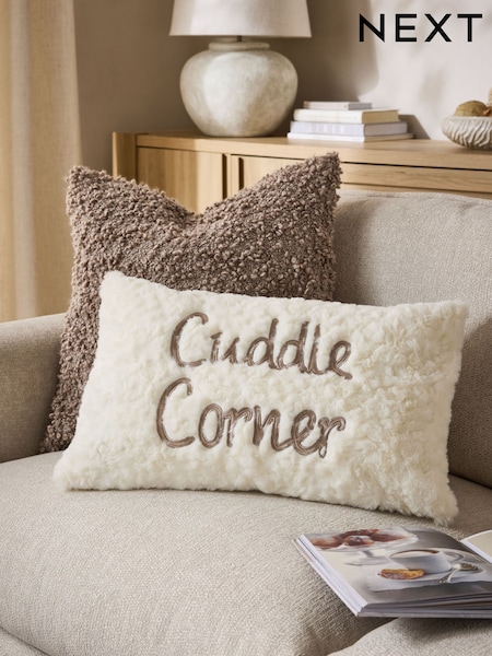 Ivory 50 x 30cm Cuddle Corner Slogan Faux Fur Cushion (F00434) | £18