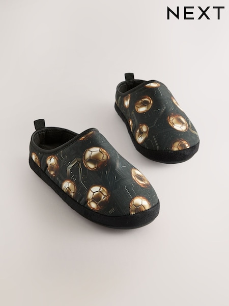 Black/Gold Football Warm Lined Slipper Mules (F00482) | £11 - £14