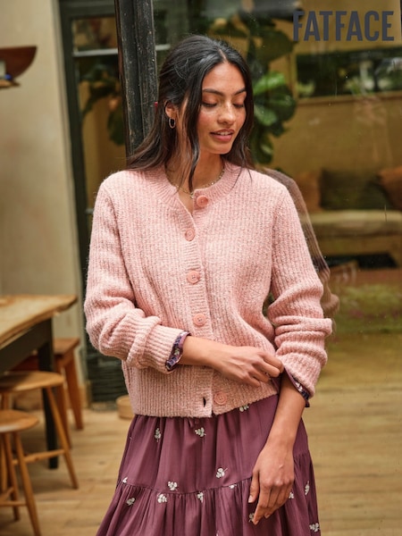 FatFace Faye Rose Pink Ribbed Crew Neck Knitted Cardigan (F00533) | £56