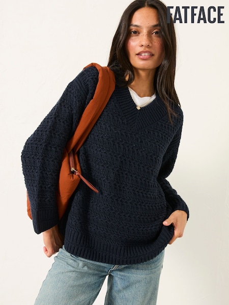 FatFace Stella Dark Navy V Neck Knitted Jumper (F00564) | £59