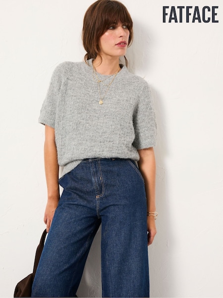 FatFace Keira Mid Grey Fluffy Short Sleeve Knitted T Shirt (F00571) | £48