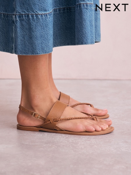 Tan Brown Leather Standard/Wide Fit Forever Comfort® Plaited Toe Tong Sandals (F00601) | £22