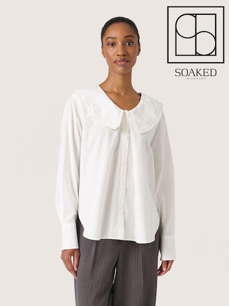 Soaked in Luxury SLDivia Puritan Collar Long Sleeve 100% Cotton White Shirt (F00623) | £60
