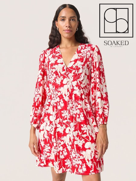 Soaked in Luxury Red SLOline Printed Long Sleeve Dress (F00637) | £100
