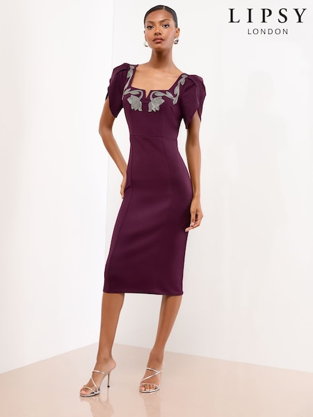 Lipsy Dark Purple Puff Sleeve Embellished Appliqué Bodycon Midi Dress (F00679) | £90
