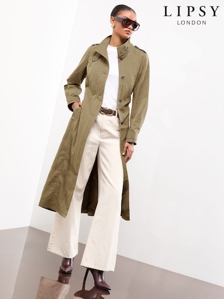 Lipsy Khaki Green Petite Blouson Sleeve Papertouch Funnel Neck Trench Coat (F00682) | £89