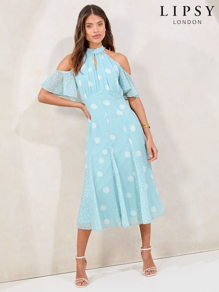 Lipsy Mint Green Polka Dot Cold Shoulder Halter Neck Midi Dress (F00775) | £72