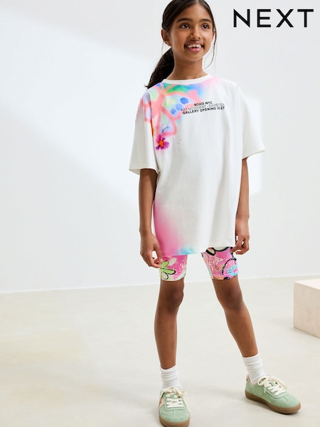 White Graffiti Oversized T-Shirt Cycle Top and Shorts Set (3-16yrs) (F01193) | £0