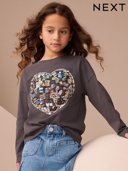 Charcoal Grey Heart Long Sleeve Sequin Top (3-16yrs) (F01240) | £11 - £16