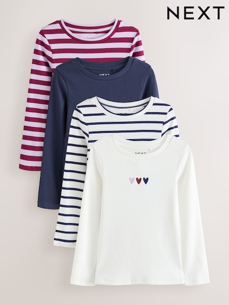 Burgundy/Ecru Long Sleeve Ribbed T-Shirts 4 Pack (3-16yrs) (F01278) | £21 - £27