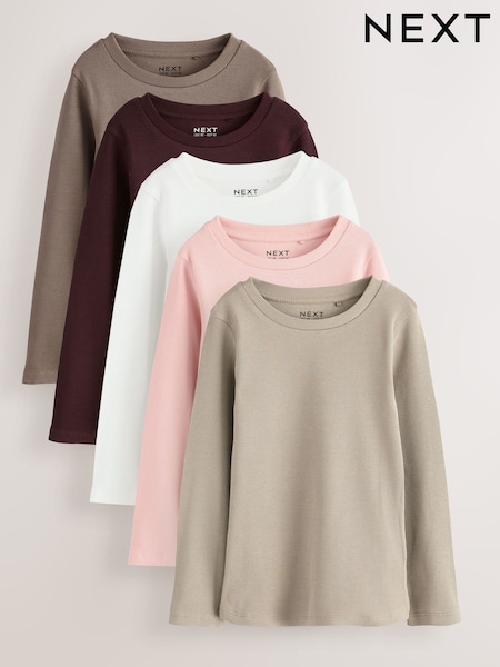 Neutral Ribbed Long Sleeve Tops 5 Pack (3-16yrs) (F01286) | £23 - £29