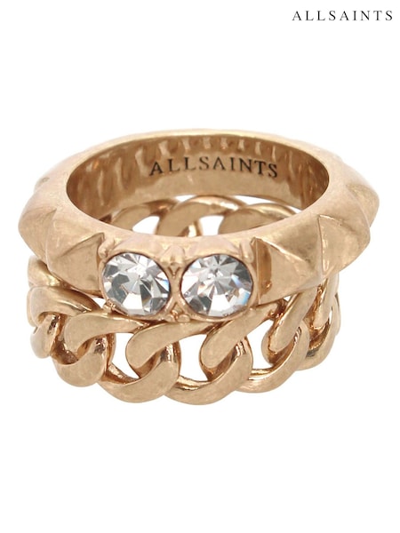 AllSaints Gold Tone Pyramid Stone & Chain Ring Set (F01396) | £49