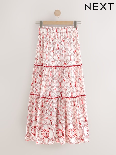 Ecru/Red Lobster Print 100% Cotton Tiered Maxi Skirt (F01433) | £0
