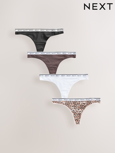 Leopard Print Thong Logo Knickers 4 Pack (F01460) | £17