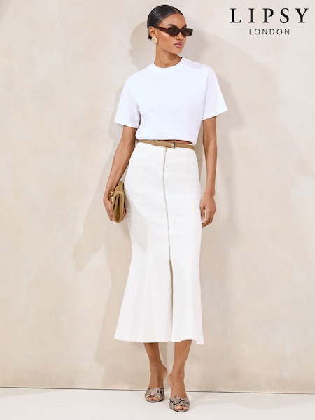 Lipsy Ecru Fishtail Zip Front Midi Skirt (F01802) | £46