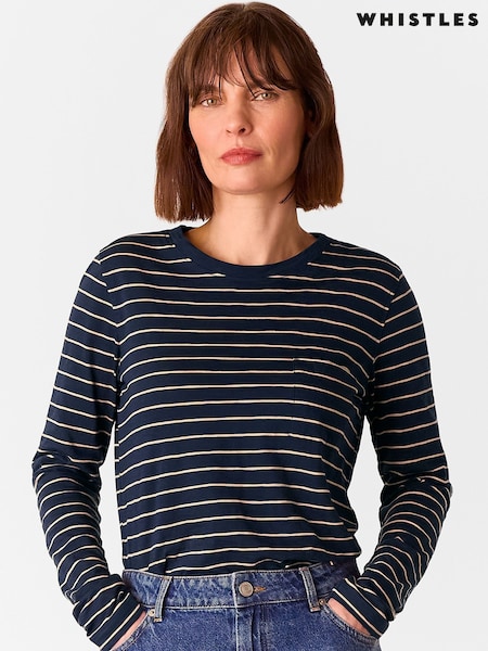 Whistles Blue Stripe Crew Neck Pocket Top (F01856) | £49
